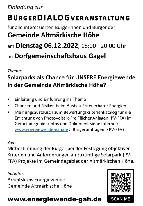 Einladung BürgerDIALOGveranstaltung Solarparks Gemeinde Altmärkische Höhe am 15.11.2022 in Kossebau