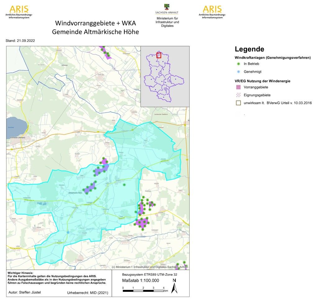 Karte Windvorranggebiete und Windkraftanlagen in Gemeinde Altmärkische Höhe